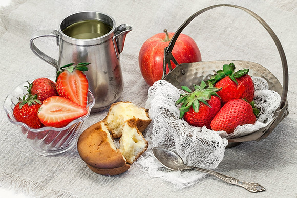 fresh strawberry, apple, cake and green tea