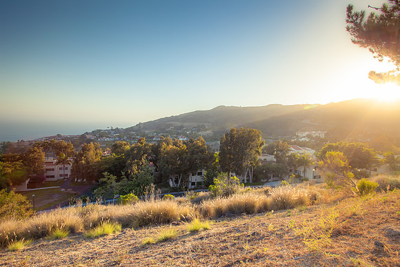 Panoramic view of meadows, hills and sky in Malibu  California