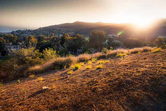 Sunset on a hillside in Malibu, California