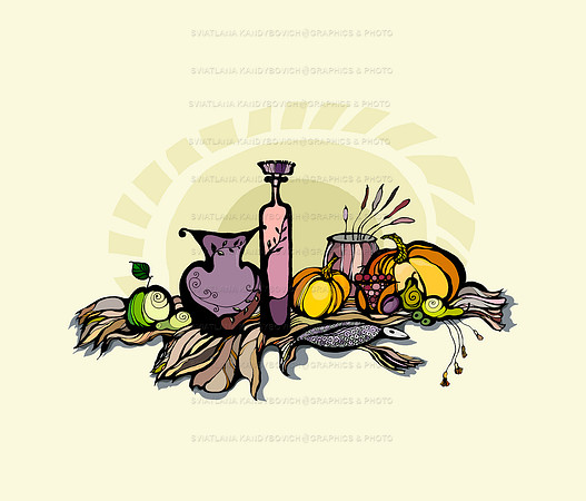 Still life with pumpkin, pear and grapes