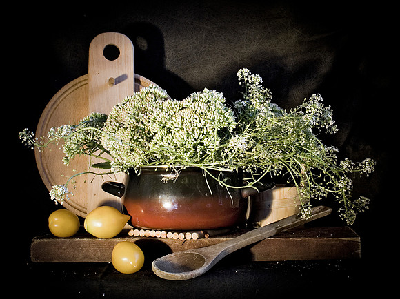 Still life with flowers and vegetable soup