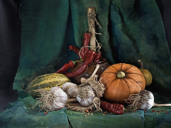 Still life with garlic and pumkin