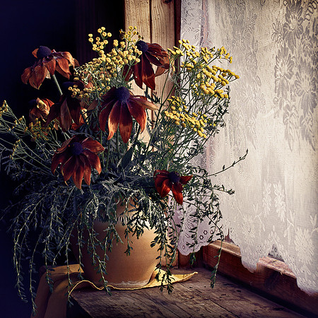 Still life with flowers on the windowsill